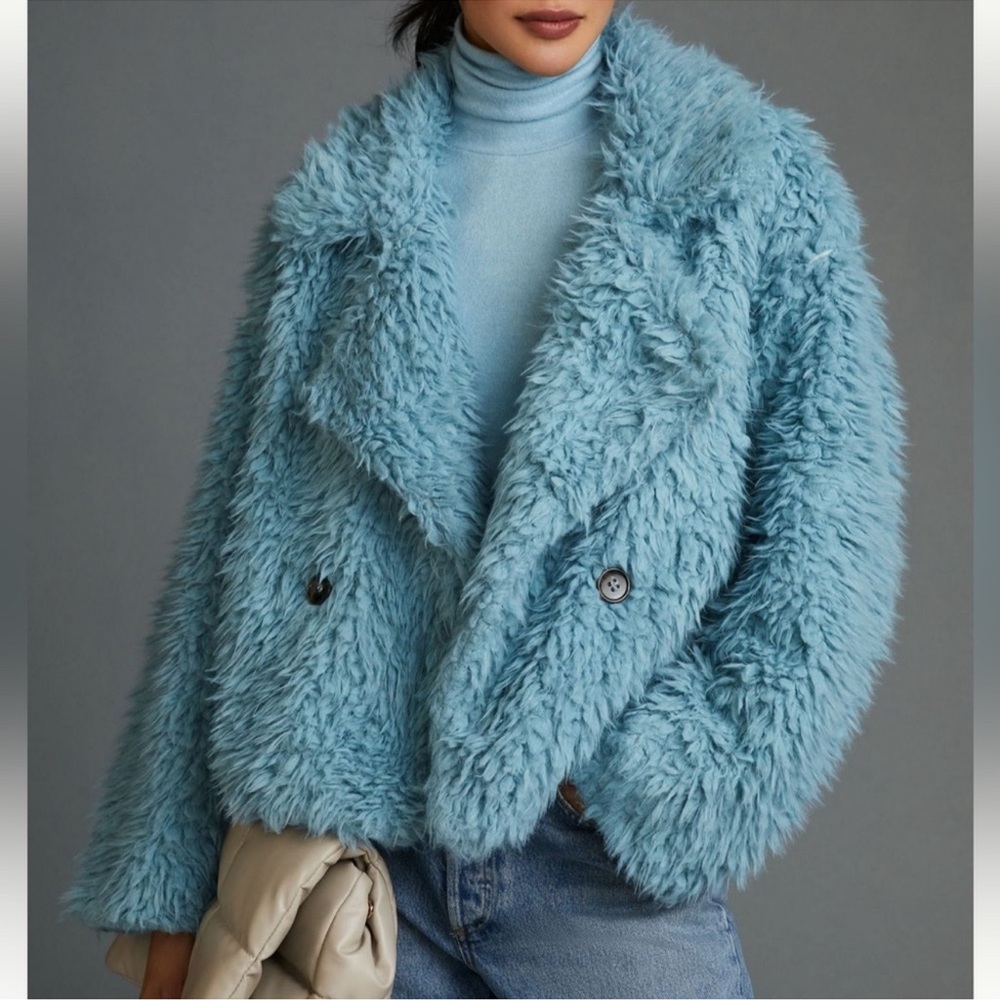 Anthropologie Light Blue Faux Fur Jacket